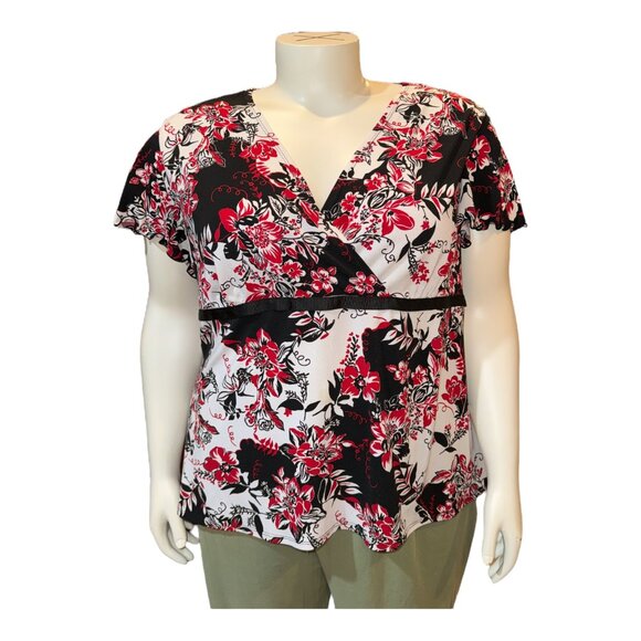 Cato Red Black White Floral Faux Wrap V-Neck Top Flutter Sleeves Woman Sz 22/24W - Picture 1 of 11